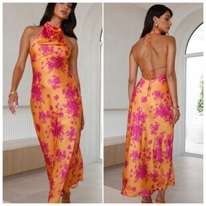 Women's One And Only Collective Pink Yellow Floral Dress Halter Small Satin